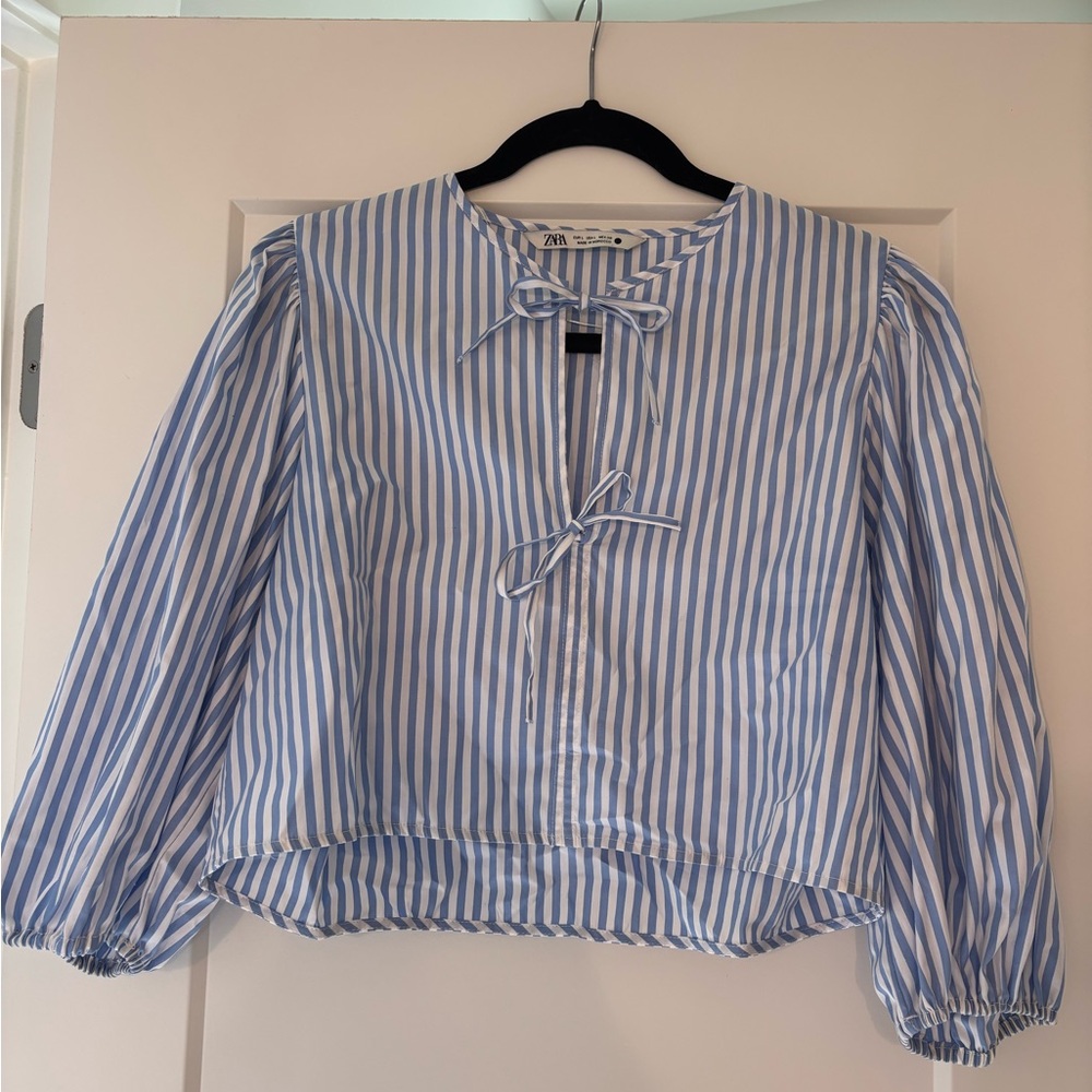 Zara Light Blue Striped Blouse with Bow Detail